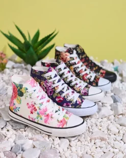 Best Wysokie czarne trampki damskie we wzór w kwiaty Soxic Trampki