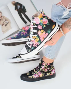 Wysokie grafitowe trampki damskie z nadrukiem w kolorowe kwiaty Fahenna Trampki