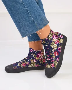 Wysokie granatowe trampki damskie w kolorowe kwiaty Soxic Trampki