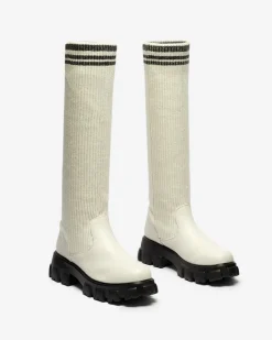 Sale Wysokie wsuwane kozaki damskie w kolorze ecru Alerpi Kozaki Na Płaskim Obcasie|Kozaki Bez Ocieplenia