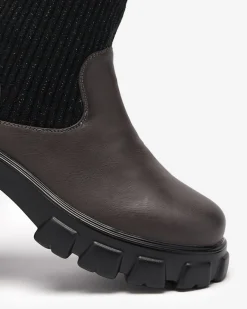 Clearance Wysokie wsuwane kozaki damskie w kolorze czarno - brązowym Alerpi Kozaki Na Płaskim Obcasie|Kozaki Bez Ocieplenia