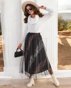 Wzorzysta damska spódnica midi z tiulem Spódnice