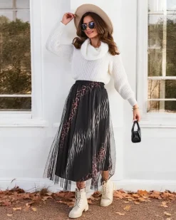 Wzorzysta damska spódnica midi z tiulem Spódnice