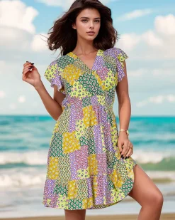 Outlet Wzorzysta damska sukienka mini Sukienki Letnie|Sukienki Krótkie