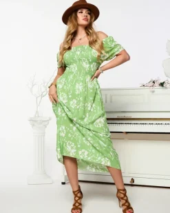 Best Zielona damska sukienka midi z roślinnym wzorem Plus Size