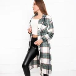 Zielona długa koszula damska w kratę Bluzki / Koszule / Koszulki