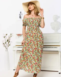 Zielona sukienka damska midi we wzór w kwiaty Sukienki Letnie|Sukienki Długie