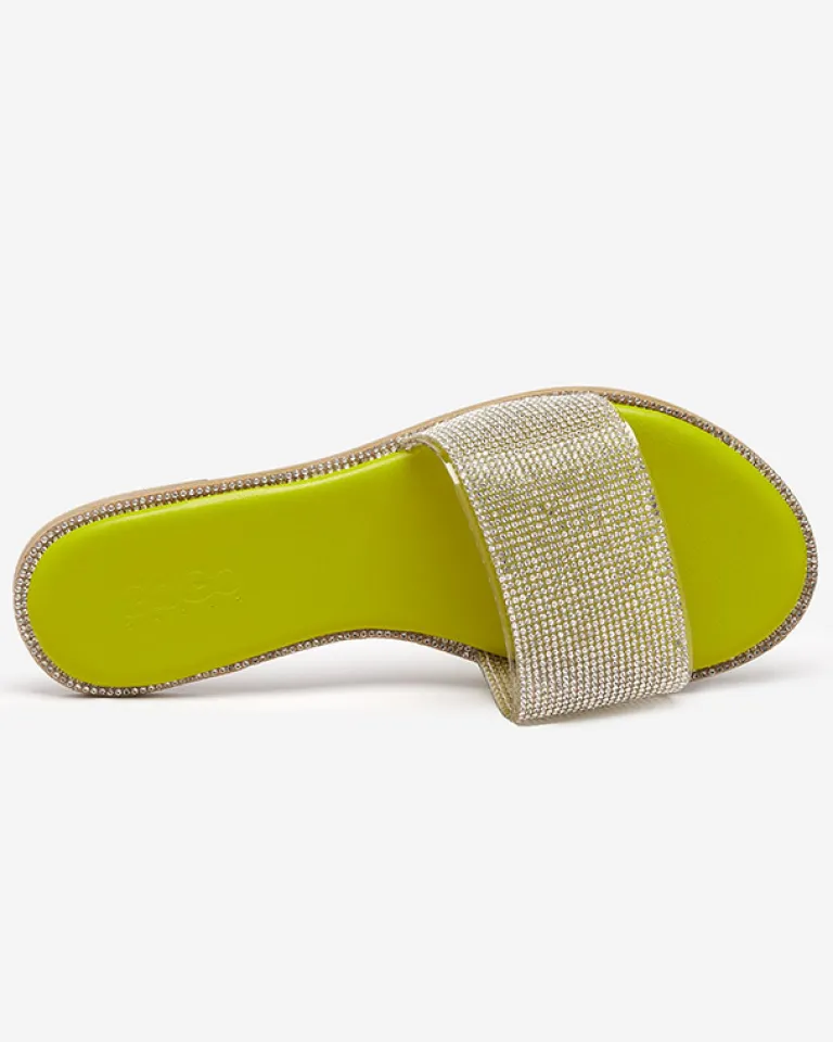 Best Zielone damskie klapki z cyrkoniami Verina Klapki Płaskie