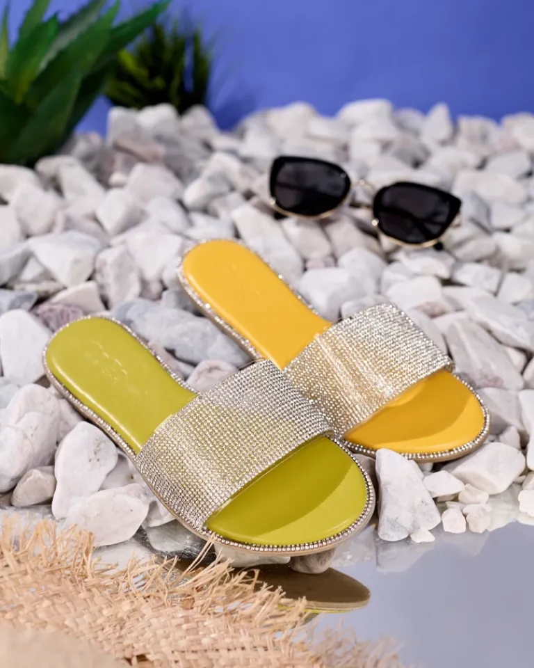 Best Zielone damskie klapki z cyrkoniami Verina Klapki Płaskie