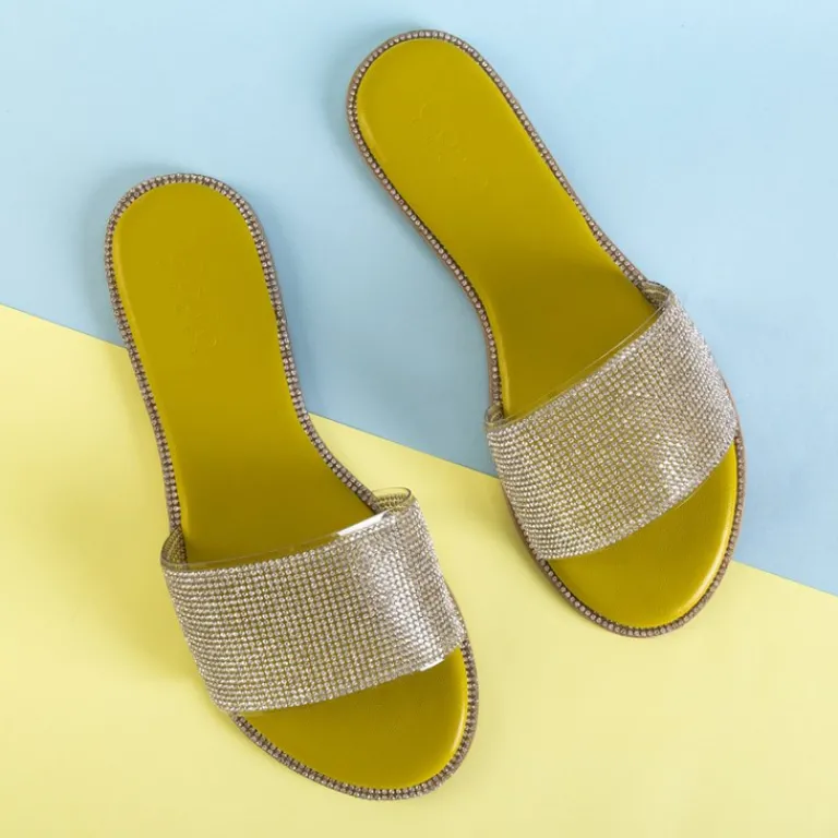 Best Zielone damskie klapki z cyrkoniami Verina Klapki Płaskie