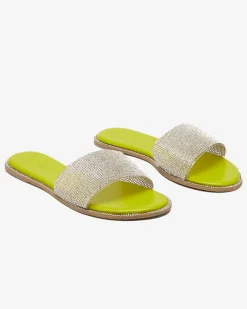 Best Zielone damskie klapki z cyrkoniami Verina Klapki Płaskie