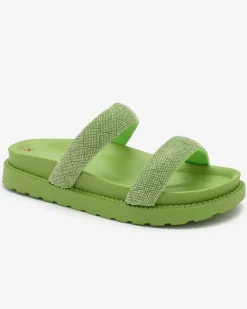 Hot Zielone damskie klapki z cyrkoniami Sparkle Sliders Klapki Basenowe|Klapki Płaskie