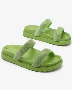 Hot Zielone damskie klapki z cyrkoniami Sparkle Sliders Klapki Basenowe|Klapki Płaskie