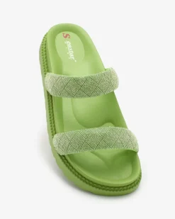 Hot Zielone damskie klapki z cyrkoniami Sparkle Sliders Klapki Basenowe|Klapki Płaskie