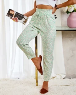 Zielone damskie bawełniane spodnie w kwiaty Plus Size|Spodnie Materiałowe