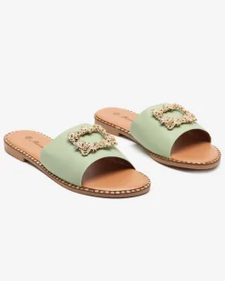 Hot Zielone damskie eleganckie klapki ze złotą ozdobą Meriso Klapki Płaskie
