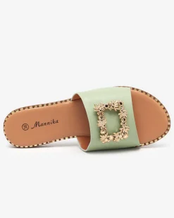 Hot Zielone damskie eleganckie klapki ze złotą ozdobą Meriso Klapki Płaskie