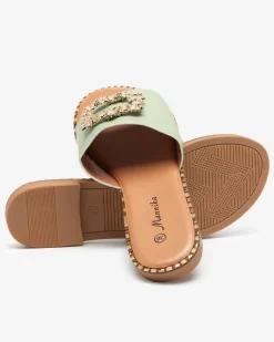 Hot Zielone damskie eleganckie klapki ze złotą ozdobą Meriso Klapki Płaskie