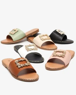 Hot Zielone damskie eleganckie klapki ze złotą ozdobą Meriso Klapki Płaskie