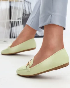 Zielone eko-skórzane damskie mokasyny z ozdobą Wiwet Mokasyny Na Płaskiej Podeszwie