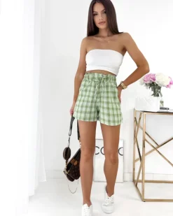 Zielone krótkie spodenki damskie w kratę Szorty|Krótkie Spodenki