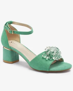 Clearance Zielone sandały damskie na słupku z ozdobnymi kryształkami Cerosso Buty Na Wielkie Wyjście|Sandały Na Słupku
