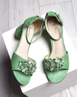 Clearance Zielone sandały damskie na słupku z ozdobnymi kryształkami Cerosso Buty Na Wielkie Wyjście|Sandały Na Słupku