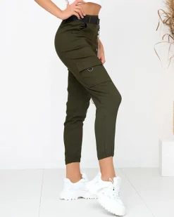 Hot Zielone spodnie cargo ocieplane z kieszeniami Spodnie Cargo|Spodnie Materiałowe