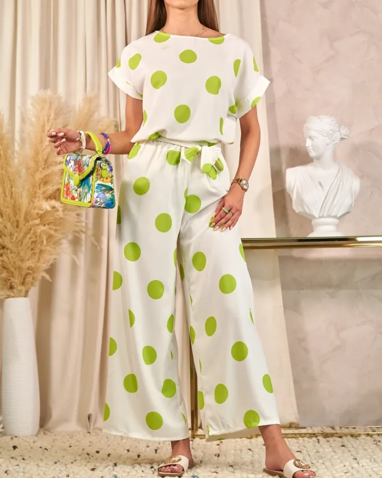 Sale Zielono - biały damski komplet w groszki Damskie Komplety Damskie