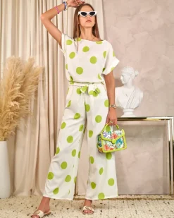 Sale Zielono - biały damski komplet w groszki Damskie Komplety Damskie