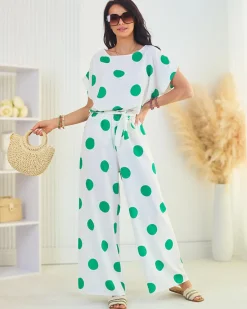 Sale Zielono - biały damski komplet w groszki Damskie Komplety Damskie
