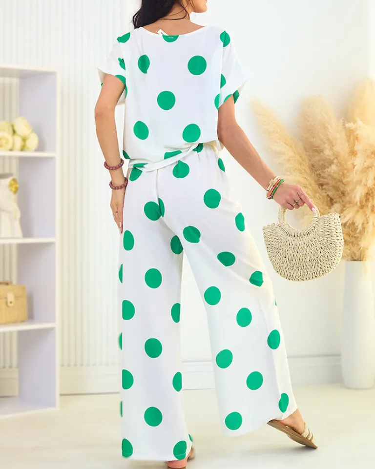 Sale Zielono - biały damski komplet w groszki Damskie Komplety Damskie