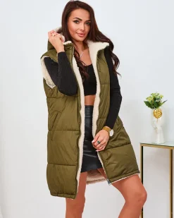 Clearance Zielono-owa długa dwustronna kamizelka damska Kurtki / Marynarki / Płaszcze