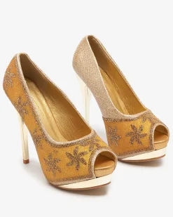 Discount Złote brokatowe damskie szpilki z cyrkoniami Yilla Szpilki|Klasyczne