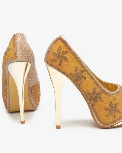 Discount Złote brokatowe damskie szpilki z cyrkoniami Yilla Szpilki|Klasyczne