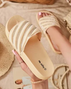 Złote damskie klapki z cyrkoniami Mytaris Klapki Basenowe|Klapki Płaskie