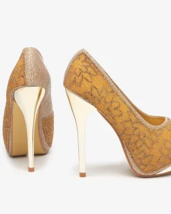 Sale Złote damskie brokatowe czółenka z cyrkoniami Vida Szpilki|Klasyczne