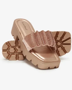 Sale Złote klapki damskie z cyrkoniami Emkoy Klapki Na Obcasie