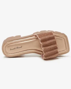 Sale Złote klapki damskie z cyrkoniami Emkoy Klapki Na Obcasie