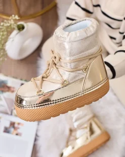 Outlet Złote śniegowce damskie sznurowane Yevnoie Śniegowce|Botki Z Delikatnym Ociepleniem