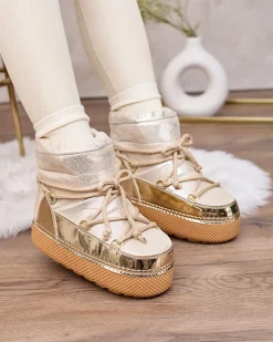 Outlet Złote śniegowce damskie sznurowane Yevnoie Śniegowce|Botki Z Delikatnym Ociepleniem