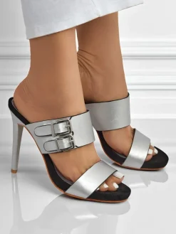 Online Sandaly Aletheia srebrne na szpilce 12cm skóra ekologiczna opinane paseczki Klapki Na Obcasie