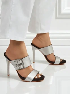 Online Sandaly Aletheia srebrne na szpilce 12cm skóra ekologiczna opinane paseczki Klapki Na Obcasie