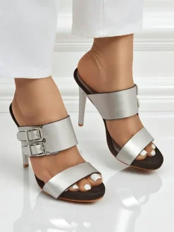 Online Sandaly Aletheia srebrne na szpilce 12cm skóra ekologiczna opinane paseczki Klapki Na Obcasie
