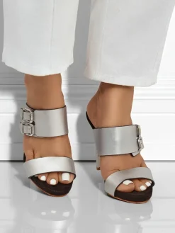 Online Sandaly Aletheia srebrne na szpilce 12cm skóra ekologiczna opinane paseczki Klapki Na Obcasie