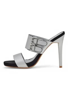 Online Sandaly Aletheia srebrne na szpilce 12cm skóra ekologiczna opinane paseczki Klapki Na Obcasie