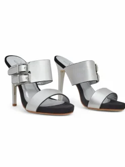 Online Sandaly Aletheia srebrne na szpilce 12cm skóra ekologiczna opinane paseczki Klapki Na Obcasie