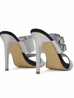 Online Sandaly Aletheia srebrne na szpilce 12cm skóra ekologiczna opinane paseczki Klapki Na Obcasie