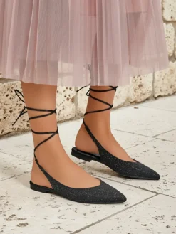 Best Sandały Damiane Nero - Czarne baleriny wiązane z tkaniny, płaski obcas Baleriny Klasyczne