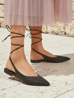 Best Sandały Damiane Nero - Czarne baleriny wiązane z tkaniny, płaski obcas Baleriny Klasyczne